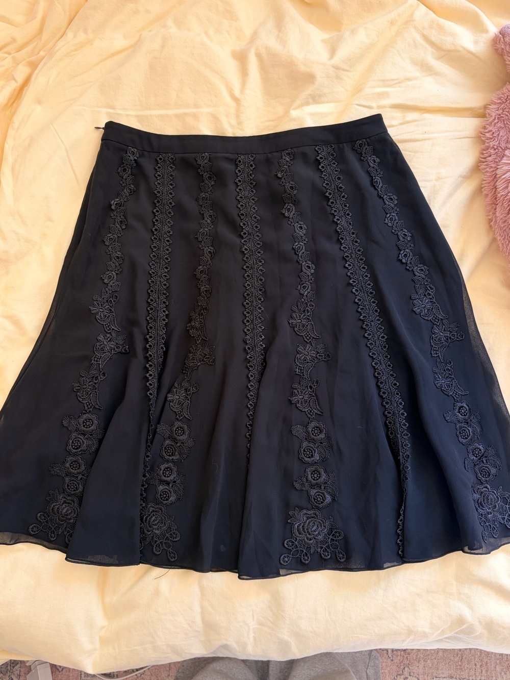 Black Midi Skirt with Floral Lace Panels